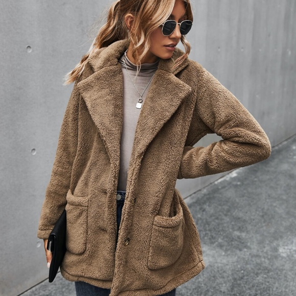 DarK Pink Fuzzy button pocket teddy Pea Coat - Picture 12 of 13